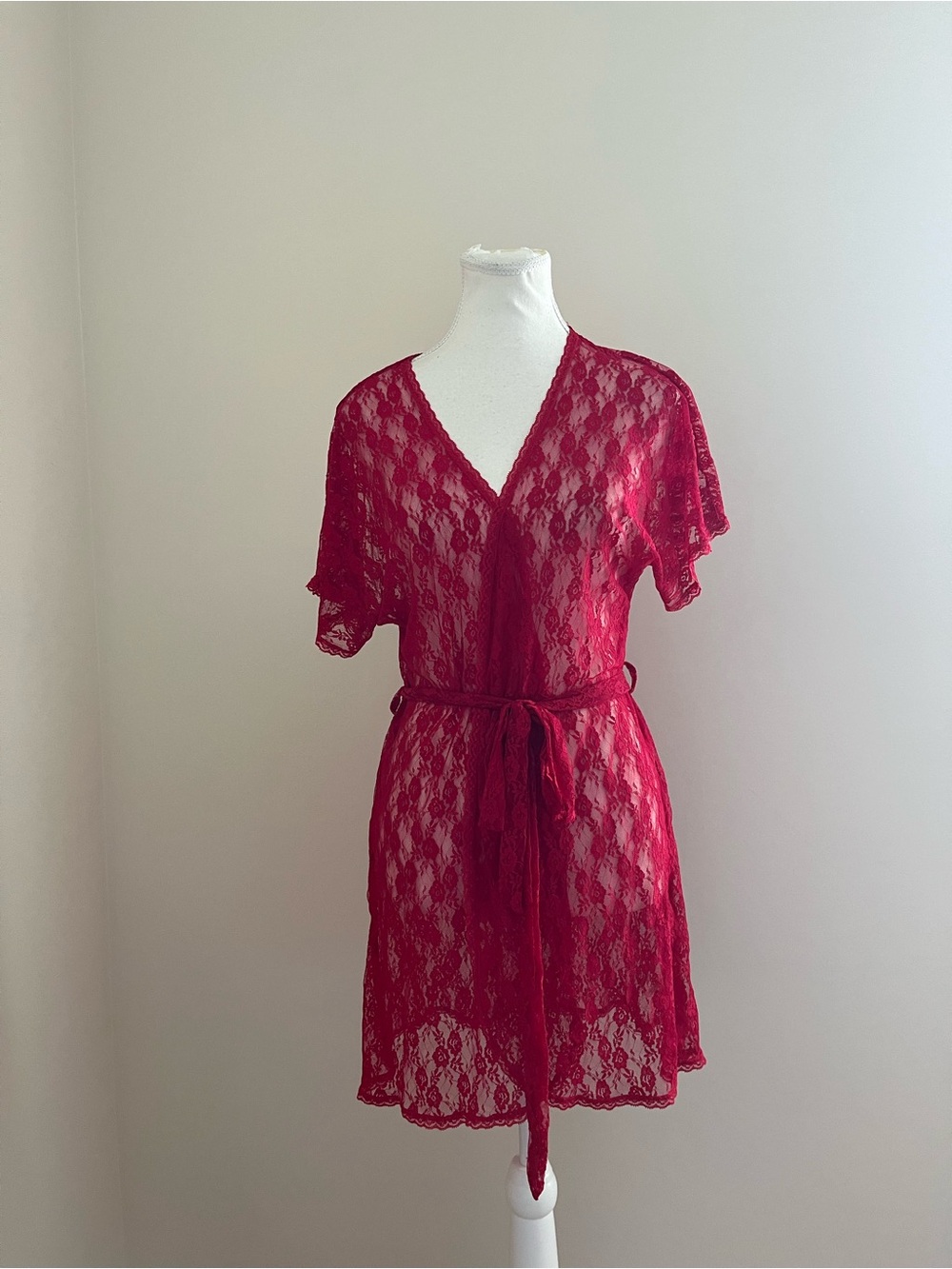 La Vie En Rose Sheer Lace Kimono Robe - Deep Red
